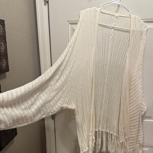 Open-Front Cream Knit Fringe Sweater Cardigan